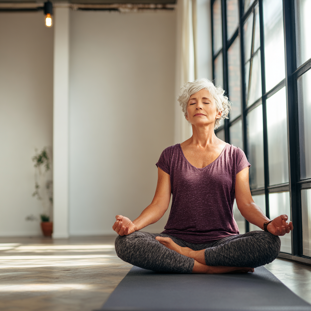 Mature woman practicing gentle yoga poses in peaceful studio environment