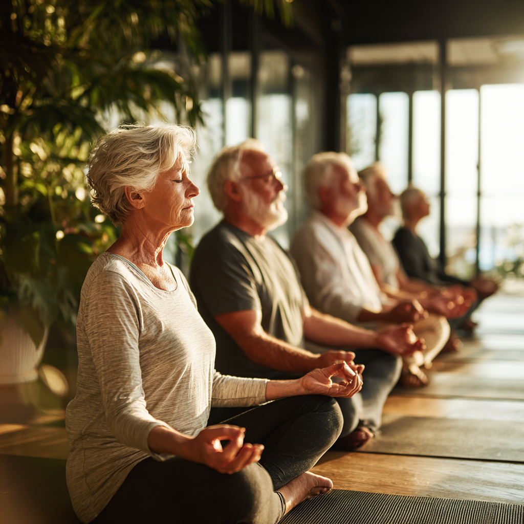 Senior adults in meditation pose during yoga class in serene natural lighting